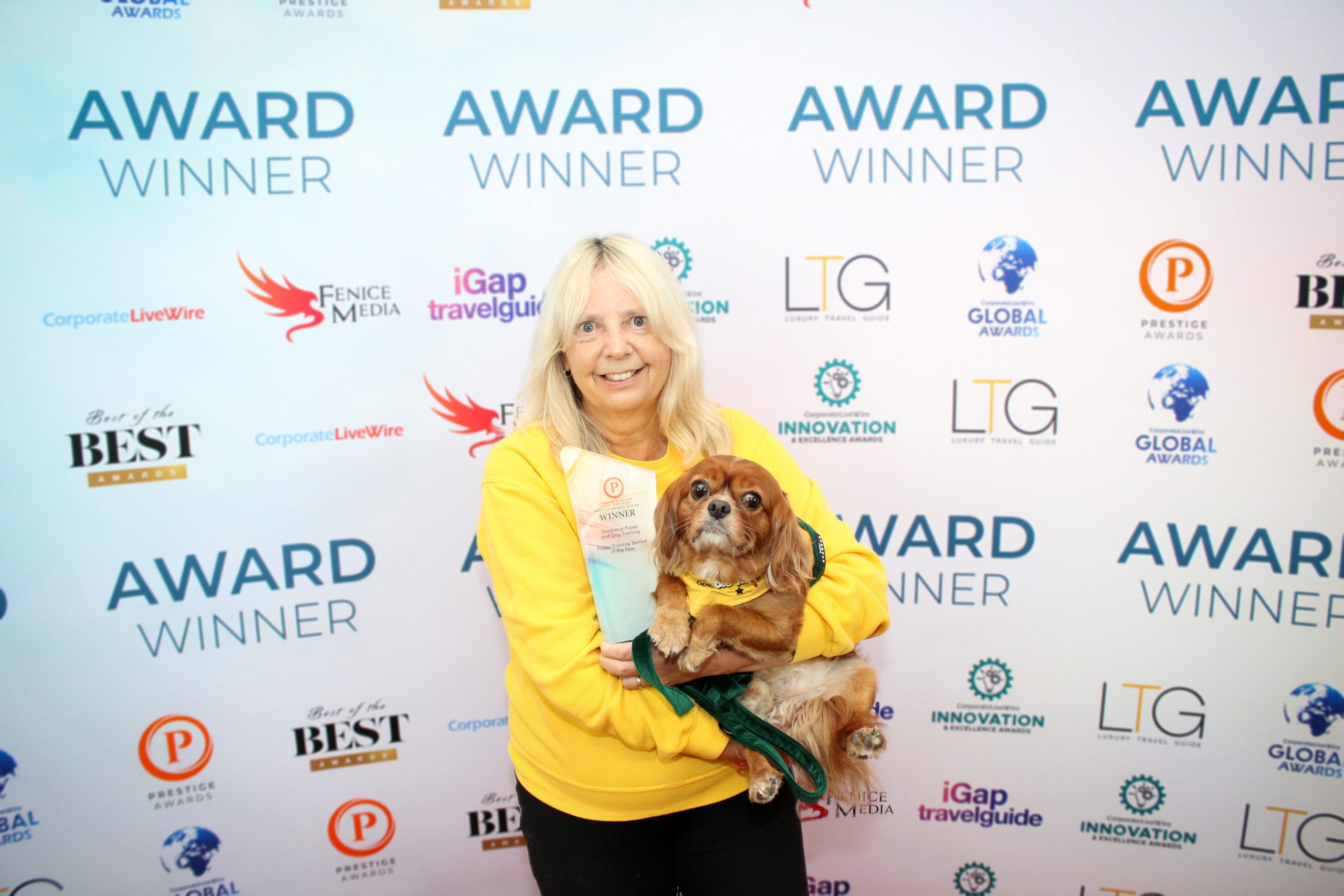 award3 (1) Pic showing Sandra - Happipup founder winning Puppy Training Service Of The Year<br />
London & South East (Berkshire)